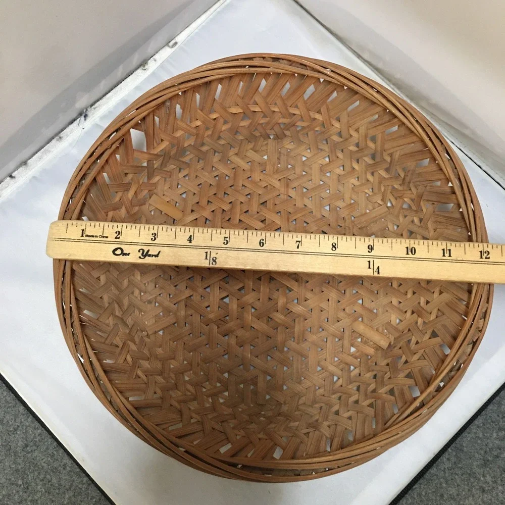 Woven Bamboo Basket Home Decor Medium Brown Round Lattice Design Cottagecore